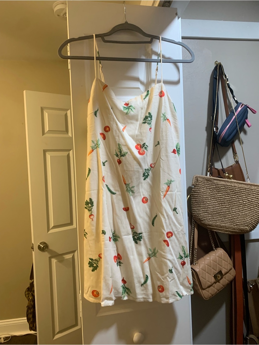 Vici White Slip Dress with Red & Green Vegetable Print